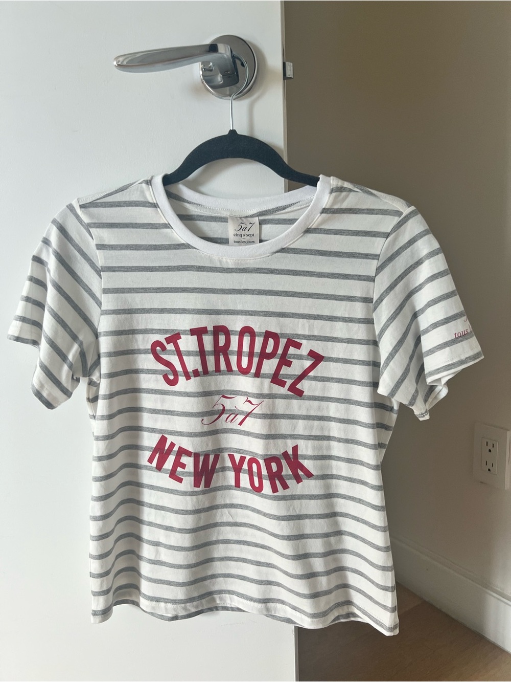 cinq a sept White & Gray Stripe Tee with Red St. Tropez text